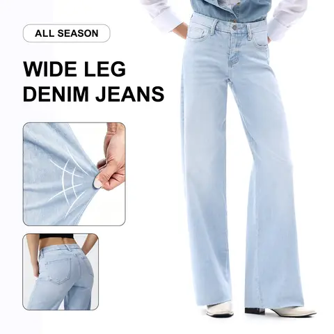 Freya ONESO High Stretchy Mid-Rise BBL Jeans Wide Leg Tummy Control Raw Hem Denim Pants Womenswear Holiday Denim Jeans