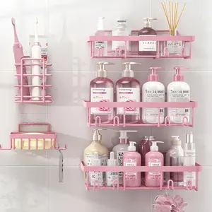 Pink 5-Pack Bathroom Accessories Set No Drill Strong Adhesion Shower Caddy Rustproof Waterproof Hollow Drainage Storage Rack with Toothbrush Soap Holder Large Capacity Minimalist Wall Mounted for Bathroom Kitchen Girly Cute decoration Gift for bf