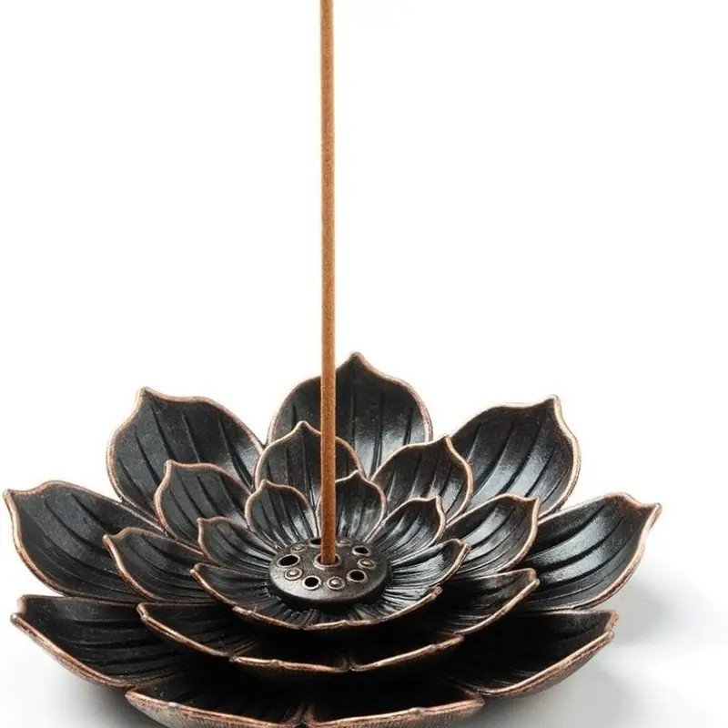 Brass Finish Lotus Shape Incense Burner - Stick-Hold Ready Metal Holder, Detachable Ash Catcher, Anti-Bacterial, 24-Month Durability, Easy-to-Clean Indoor Home Fragrance Accessory for Meditation
