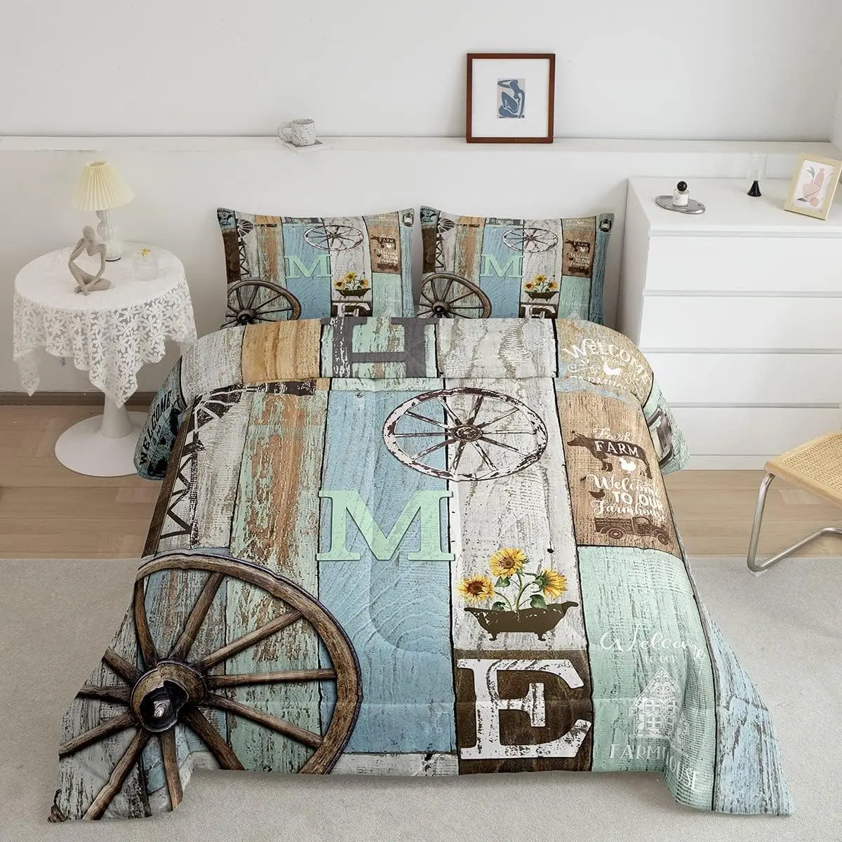 Feelyou Rustic Farmhouse Cabin Bedding Set - Retro Western Wooden Board Wheel Comforter, Farm Animal Sunflower Design, Pastoral Country Planks Quilt, Bedroom & Decorative Bedding Solution, Bedroom Bedding Set, Decorative Bedding Set