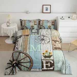 Rustic Farmhouse Cabin Bedding Set,Retro Western Wooden Board Wheel Comforter Set,Farm Animal Sunflower Comforter,Pastoral Country Planks Quilt