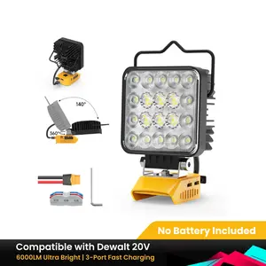 60W Cordless LED Work Light Compatible with Dewalt 20V Battery, 6000LM Super Bright Flashlight with USB-A & Type-C Fast Charging, Adjustable Angle, for Job Site, Camping, Car Repair (Battery Not Included)