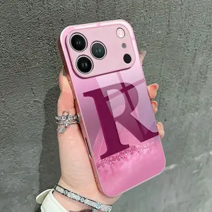 "Pink Leaf & Letter 'R' - Light Luxury Design" Glass Phone Case. Features a metallic-finish paint, drop-resistant construction, and fingerprint-resistant surface with a skin-friendly tactile feel. Compatible with iPhone 17, 16, 15, 14, 13, 12, 11
