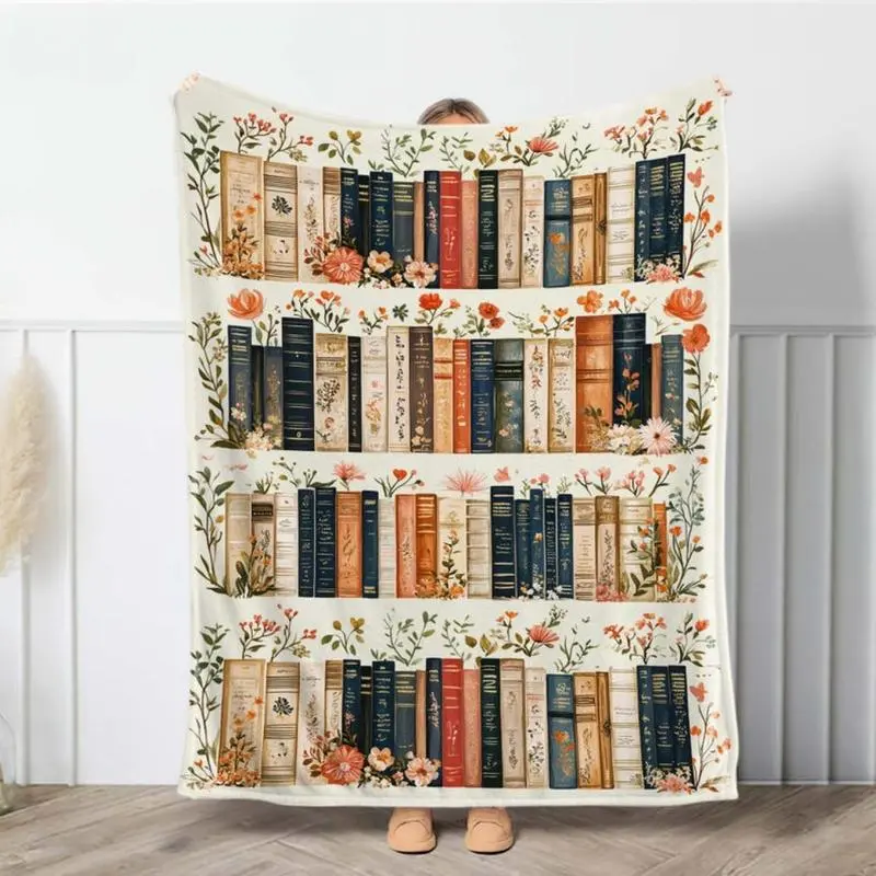 Vintage Bookshelf Print Throw Blanket - Multi-Size Cozy Polyester Fiber, Multicolor Other Patterns, Cottagecore Vibes, All-Seasons Cover for Book Lovers, Home Bedroom Bed, Personalized Christmas Gift