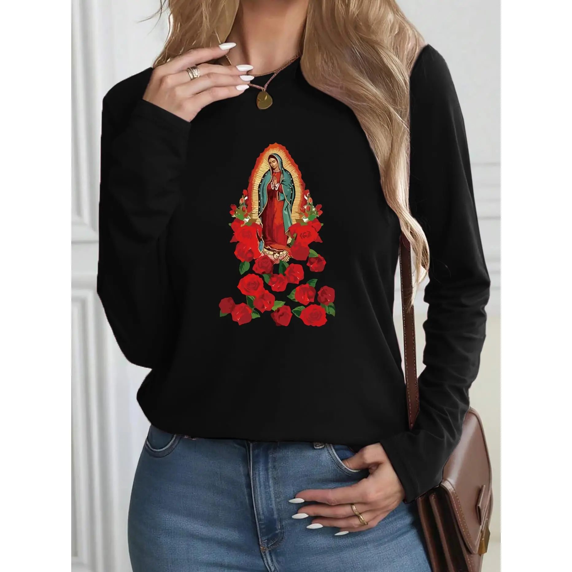 Women's Virgin Mary & Our Lady of Guadalupe T-Shirt - Long Sleeve Slim-Fit Catholic Icon Print Top with Roses, White Round Neck Shirt for Spring/Summer, Casual & Religious Wear, Machine Washable Spanish Apparel