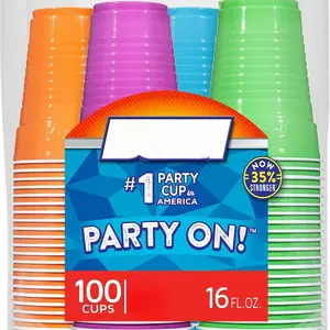 Party On Disposable Plastic Cups, Assorted, 16 Ounce, 100 Count - Perfect for Parties and Events - Cookware
