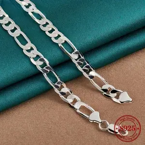 925 Sterling Silver plated Figaro Chain Necklace 8mm – Sterling Silver Chain for Men and Women, Durable Mens Silver Chain, Hypoallergenic Nickel-Free Silver Necklace, Waterproof, Lobster Clasp, Valentine’s gift