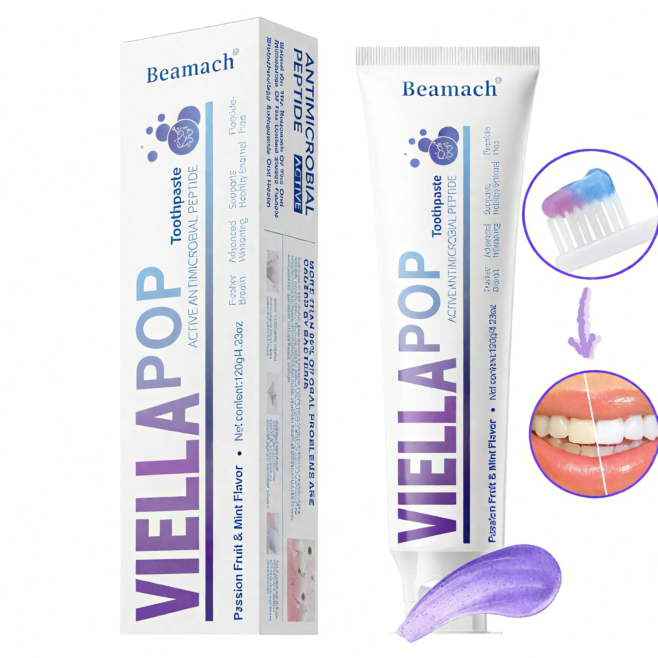 7-Day Whitening Viella Pop  Purple Toothpaste with Bursting Beads for Triple Stain Removal & Long-Lasting Fresh Breath, Fluoride-Free. Antimicrobial & Repair. Oral health