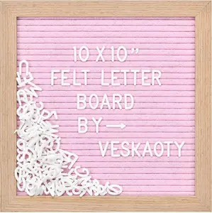 Felt Letter Board with 294 Letters, Numbers & Symbols - 10 x 10 inch Changeable Message Board with Wooden Frame Wall Mount Hook, Pink & Wood