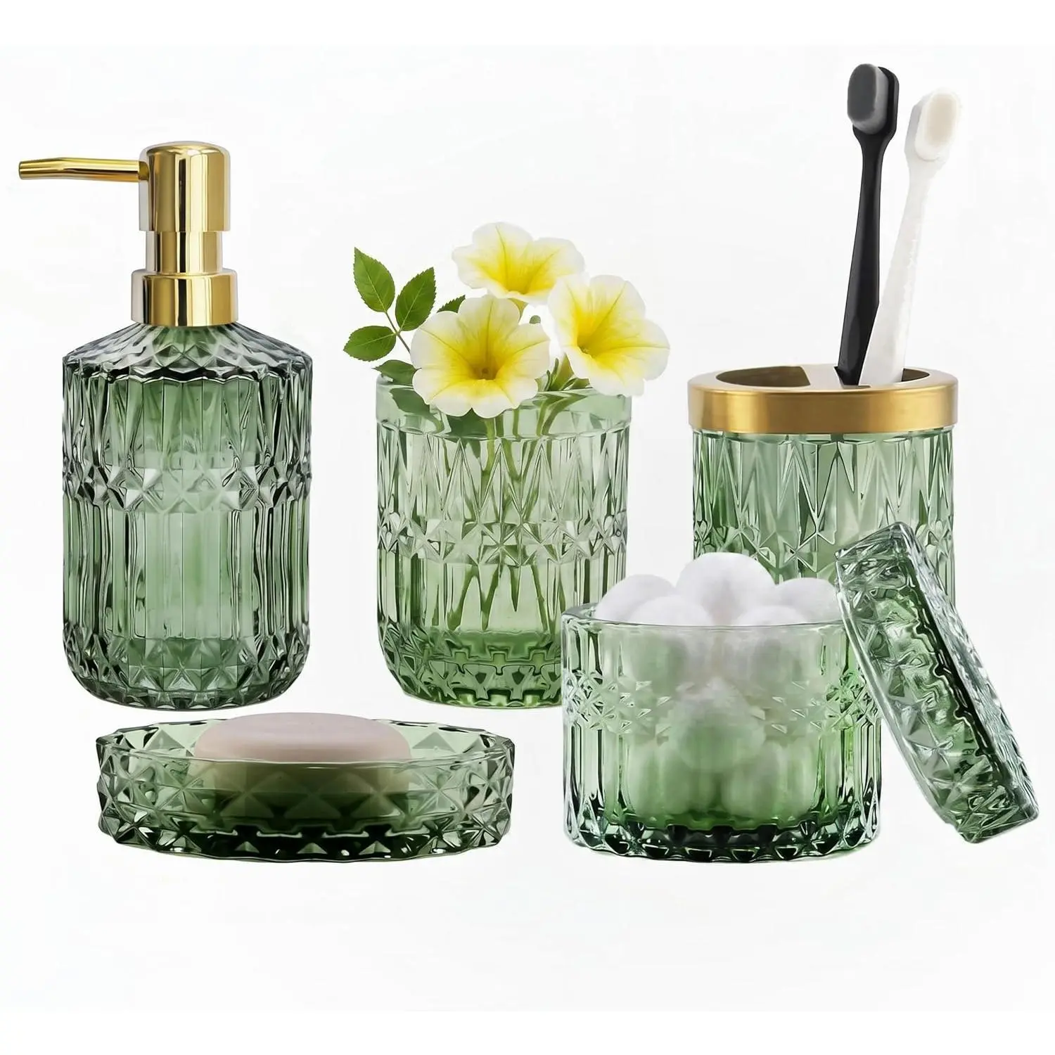 Green bathroom accessory set, 5-piece transparent glass bathroom accessories, including soap dispenser, soap dish, toothbrush holder, glass cup, cotton swab holder, suitable for vintage crystal bathroom decor