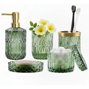 Green bathroom accessory set, 5-piece transparent glass bathroom accessories, including soap dispenser, soap dish, toothbrush holder, glass cup, cotton swab holder, suitable for vintage crystal bathroom decor