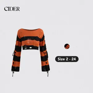 Cider [size 2-24] Knit Boat Neckline Striped Lace Up Ripped Crop Top, Womenswear Halloween