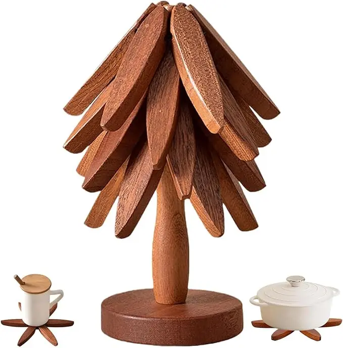 4-Piece Sturdy Walnut Wooden Trivet Set - Foldable Auto-Unfolding, Unique Patina Design, Heat Protection Indoor Kitchen Coasters, Ideal Birthday Holiday Gift for Hot Dishes