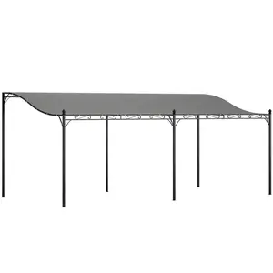 10' x 20' Wall-Mounted Outdoor Pergola – Dark Gray. 180gsm Polyester Roof with 32 Drainage Holes. Lean-to Design. Powder-Coated Metal Frame. Stakes & Screws Included