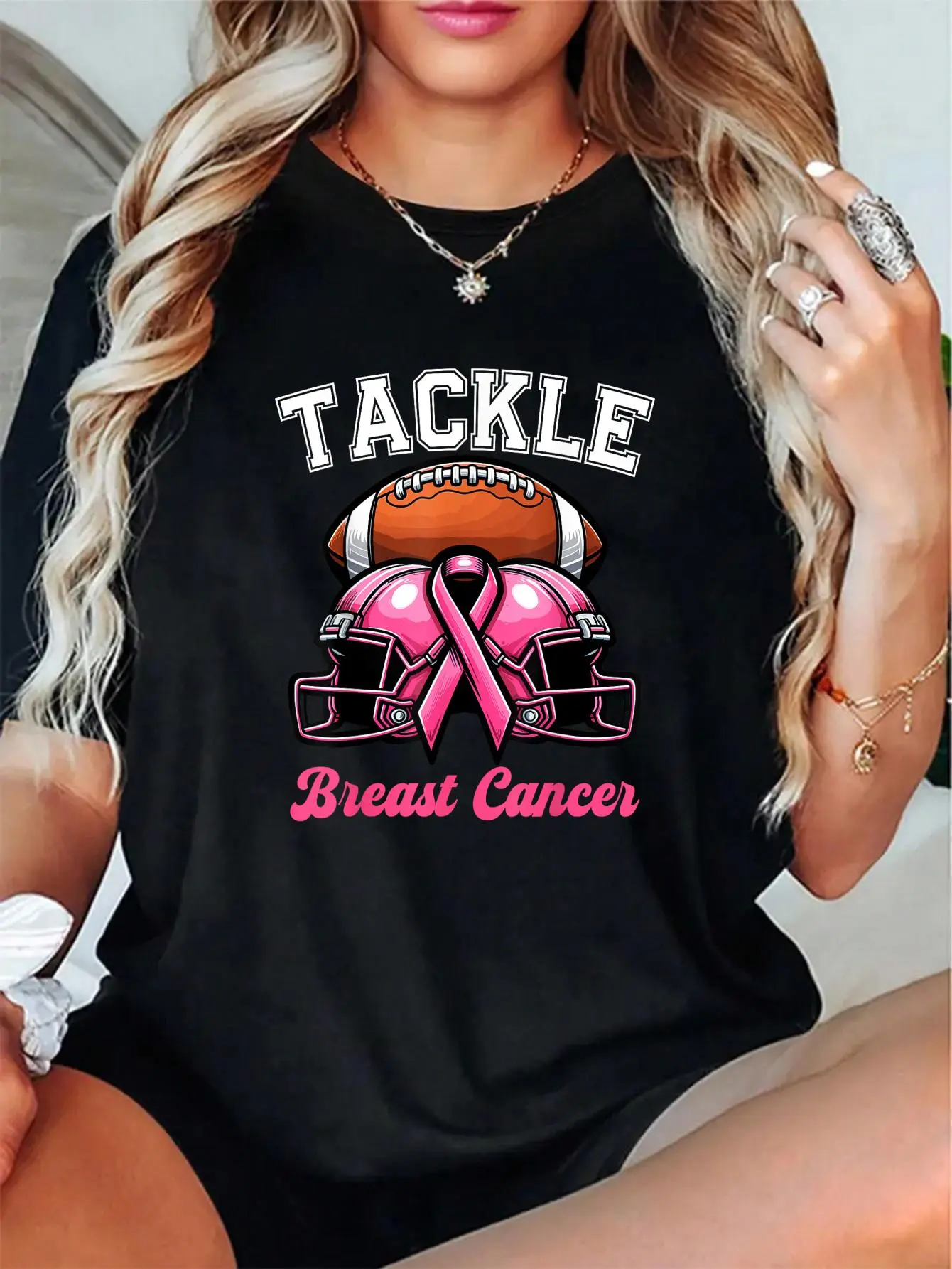 Lady's 100% Cotton Short-Sleeve Casual Breast Cancer Awareness Football Print Top - Unisex Streetwear, Cute, Soft Fabric, Everyday Instagram-Ready Outfit