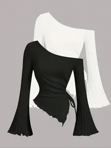 Women's Solid Color Flare Sleeve Tee, Casual Comfy Top Long Sleeve T-shirt for Spring & Fall, Women's Clothing for Daily Wear