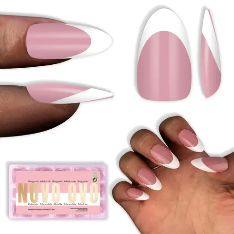 NOVO OVO White French Tip Almond Tip False Nails & Accessories, 240 Pieces Extra Thick Medium Soft Gel Press-Ons, Acrylic Nails Extension with Extensive Size Variety (15 Sizes), No Glue/Light Included, Salon DIY Use (Requires Top Coat)