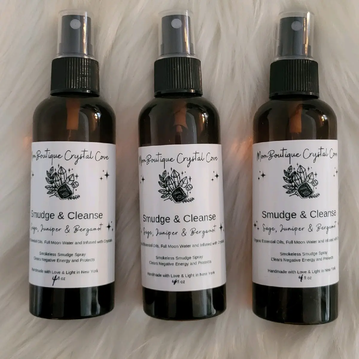 Sage Smokeless Smudging 4oz Spray. Clary Sage, moon water, essential oils, Crystals. Available scents are Cleansing, Protection, Love, Money, Chill Out, and Sweet Dreams Bottle Perfume Fragrance