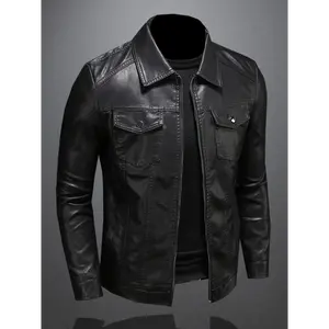 Men's Stylish Black PU Leather Jacket - Warm Fleece-Lined Biker Coat with Multiple Pockets, Zipper Closure & Lapel Collar for Fall and Winter, Winter Biker Coat | Stylish Men's Jacket | Functional Pockets