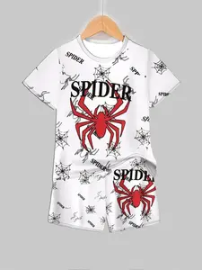 Boys Street Style Spider Theme Sports Set, Spider Short Sleeve T-Shirt + Shorts Two-Piece, Casual Fitted for Spring & Fall, Tee Shorts Set