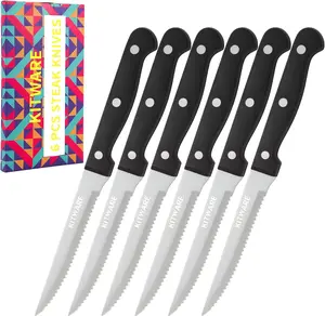 Steak Knives Set in Gift Box,4.5 inch Sharp Steak Knives Set of 6, Serrated Edge Knife with Black Handle,Stainless Steel Knifes for Bread, Butter and Meat