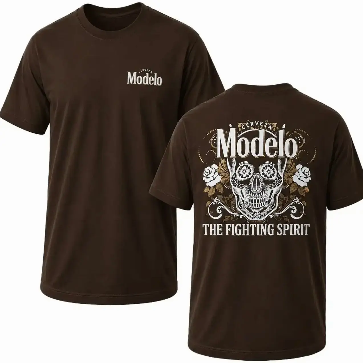 Modelo Especial The Fighting Spirit Sugar Skull Front and Back Print T-Shirt – Mexican Beer Inspired Skull Graphic Tee, Day of the Dead Artwork, Vintage Streetwear Casual Cotton Shirt 6W