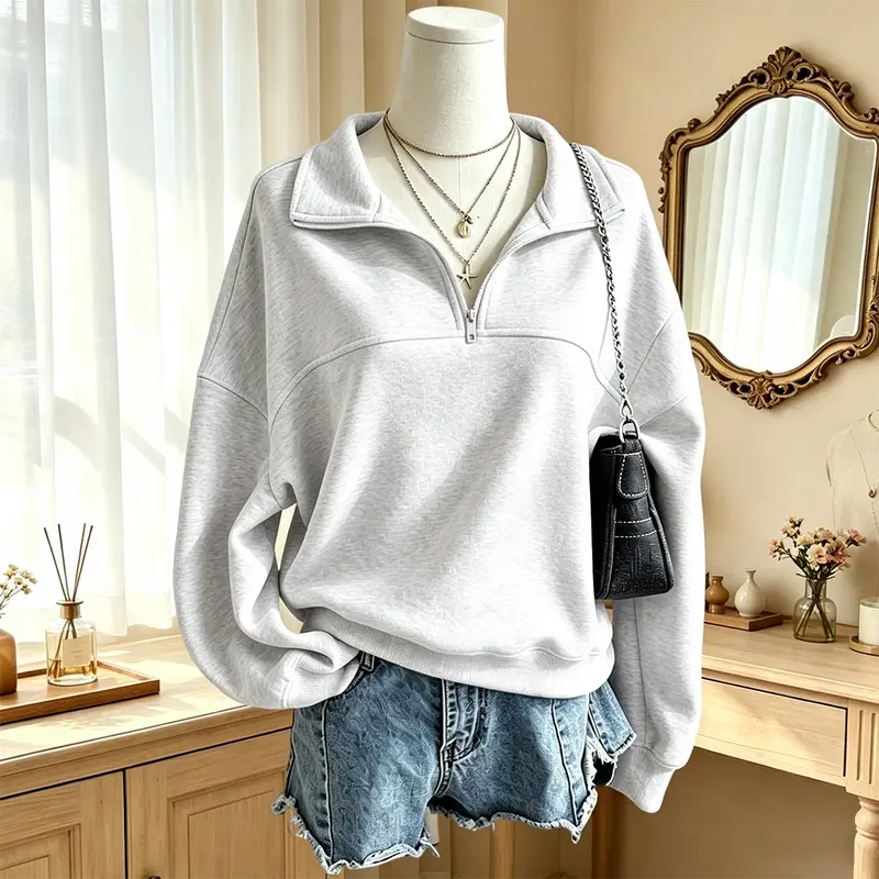 Women’s solid-color autumn/winter half-zip mock-neck sweatshirt, loose outdoor fit with raglan sleeves, casual athletic pullover