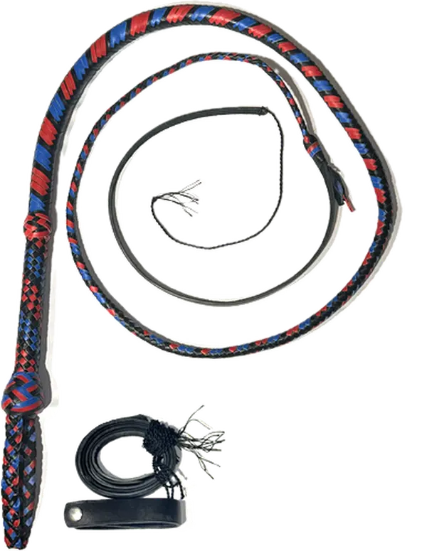 EPT Bull Whip - Black & Red & Blue Kangaroo Leather 16 Ply - 4ft to 14ft Handmade with Steel Rod & Storage Strap
