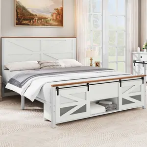 Yitahome Farmhouse King/Queen Size Bed Frame with Sliding Barn Door Storage Cabinets,Platform Bed Frame with Headboard, Solid Metal Slats Support, Noiseless, No Box Spring Needed