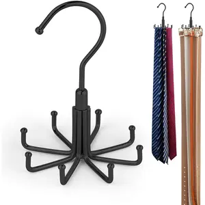 Tie Hanger for Closet, Rotatable Tie Organizer for Men with 8 Hooks, Heavy Duty Space Saving Tie Rack for Ties and Belts, Black
