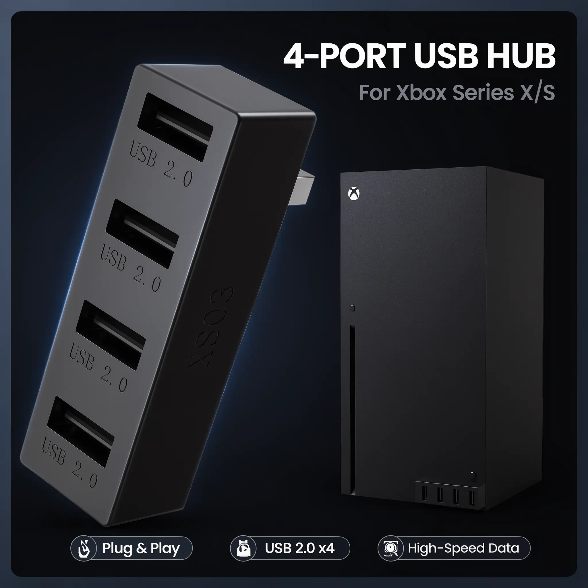 4-Port USB 2.0 Hub High-Speed Expand Splitter Adapter, Console Accessory for Xbox Series X, Compatible with Controllers and USB Adapters, Expand Usb Ports Multiport Adapter