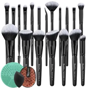 9Pcs Black labeled Makeup Brushes set Contains brush cleaning mat Beauty Sponge, Makeup Remover Pads, Foundation Face Contour Brush set for Blending Blush Concealers Eyeshadow