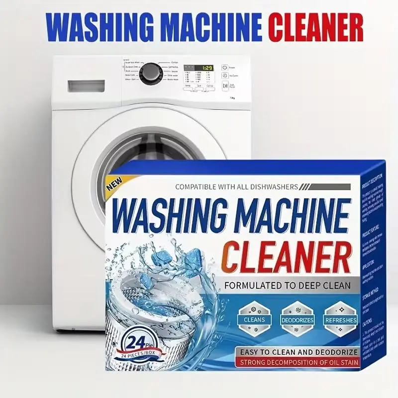 Household Washing Machine Cleaner Tablets - 24 Solid Deep Cleaning Descaler Pods, Odor Control Tub Cleaner, Maintains Freshness, Compatible with All Front & Top Load Washers (1 Box), Daily Use