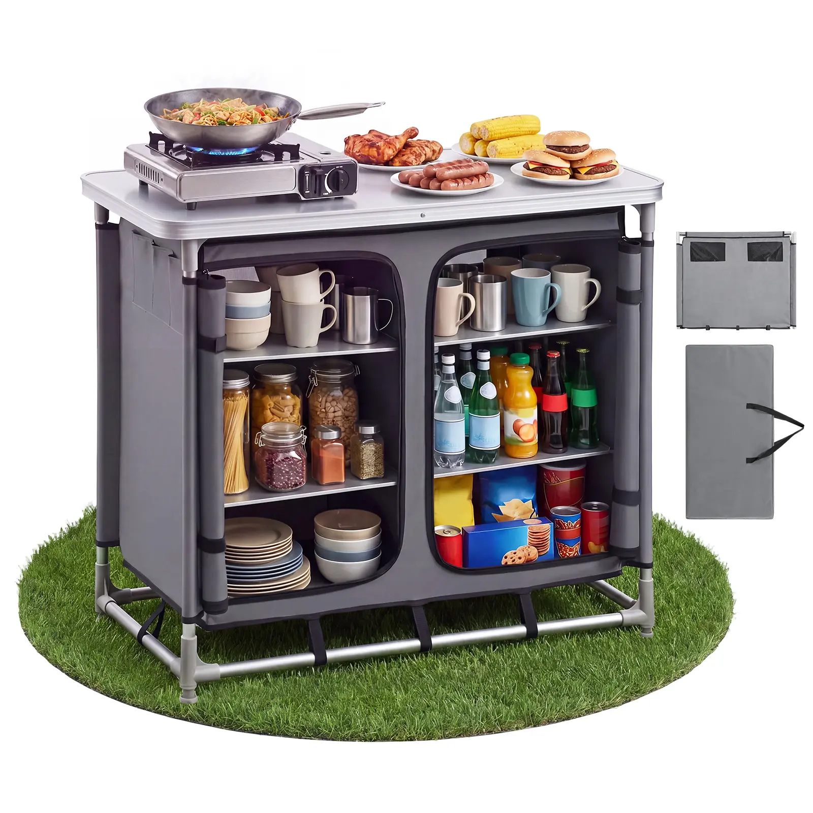 VEVOR Camping Kitchen Table, Collapsible Cook Station with Aluminum Frame, Extra-Large Capacity 6-Shelf Organizer for Organized Outdoor Living, Portable & Tool-Free Assembly with PVC Shelves & Mesh Back, Parties, Aluminum Alloy, Stain Resistant, Lightweig