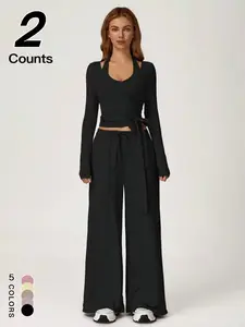 Women's Sporty Quick-Dry Two-Piece Set, Drawstring Long Sleeve V-Neck Top & Draped Wide Leg Pants Set, Daily Outdoor Wear, Ladies Sportswear for Tennis Running, Workout Clothes, Workout Sets, All Seasons Tracksuits, Athleisure Wear Set