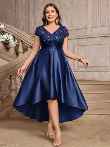 MISSMAY P24339A Plus V-Neck Floral Lace Sequin Sparkly Insert Contrast Satin High Low A-Line Hem Elegant Evening Party Formal Dress, Prom Dress, Wedding Guest Dress, New Year Dress, For Birthday, Homecoming, Festivals
