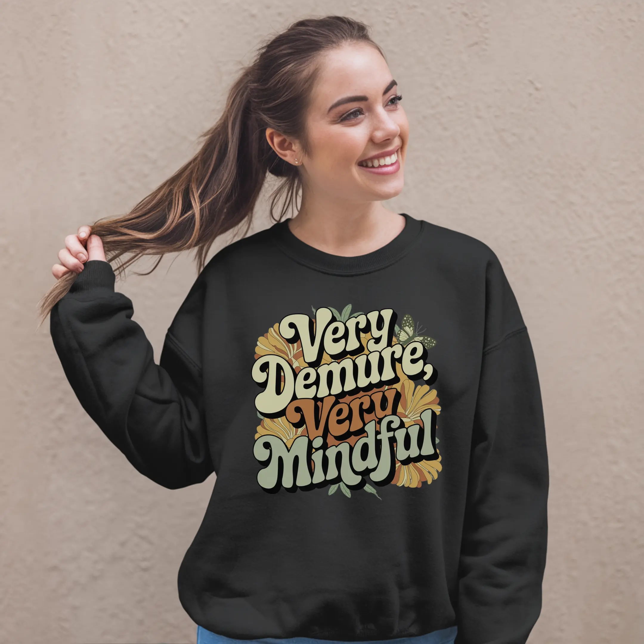 Demure Mindful Crewneck Sweatshirt, Trendy, Cozy Unisex Pullover, Fashionable Sweater, Stylish Sweatshirt for Men and Women