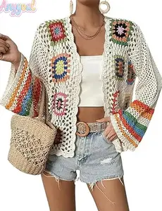Anygoal Women's Floral Crochet Cardigan Boho Hollow Spring Summer Out Sweater CardiganOpen Front Sweater, Long Sleeve Rainbow Stripe Knit Shrug,with Belt Casual Long Sleeve  Lightweight Breathable Cover Up , Music Festivals summervibes