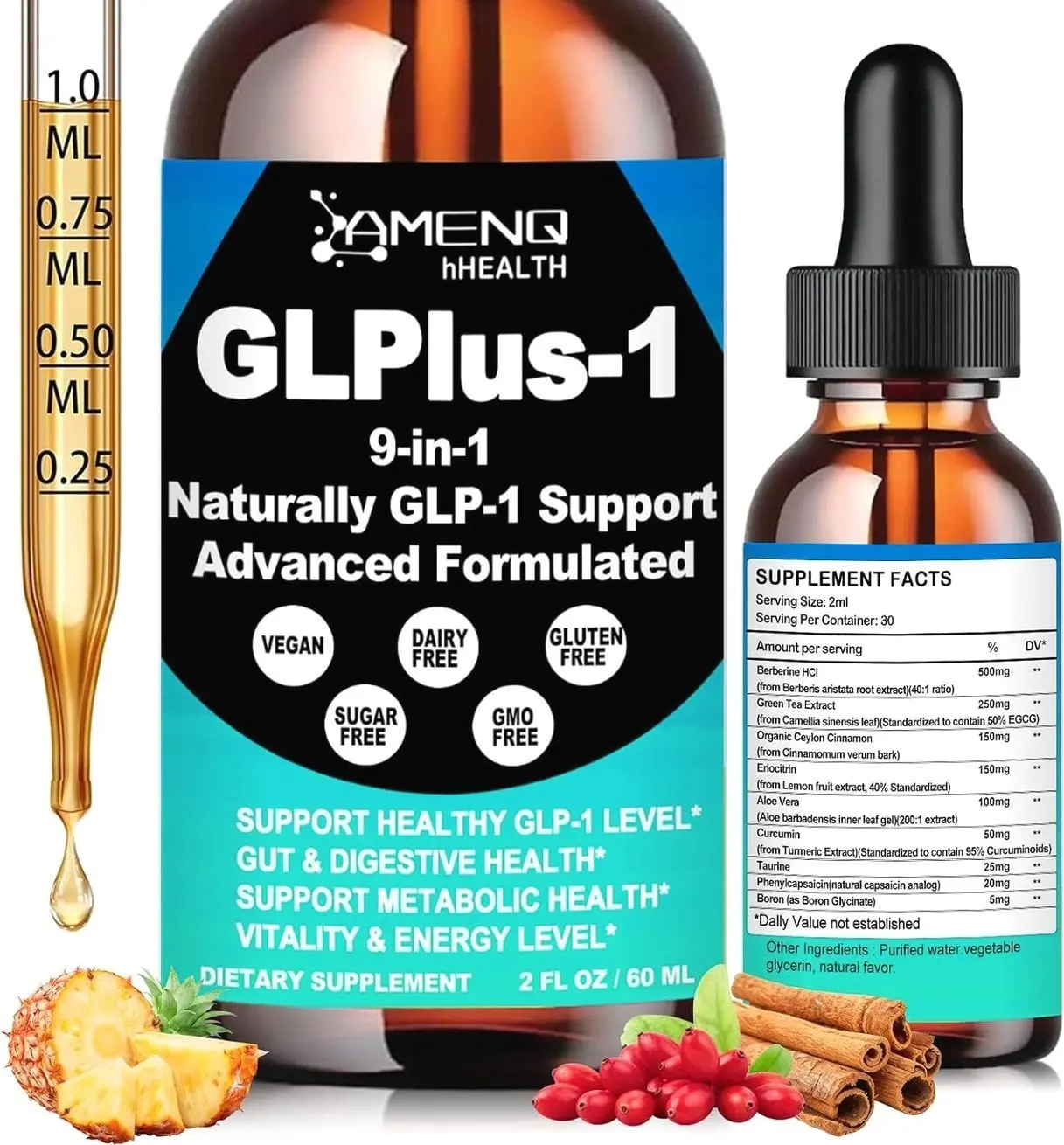 Berberine Supplement Liquid Drops, Berberine with Ceylon Cinnamon Green Tea Eriocitrin Curcumin & Aloe Vera for Metabolism Digestion & GLP-1 Support, Fast Acting Glp Oral Solution Liquid For Women Men