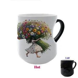 Flower-Printed Thermal Changing Mug with Heart-Shaped Handle, 11oz Ceramic Coffee Cup, Aesthetic, Romantic, Ideal Gift for Christmas, Valentine's Day & Thanksgiving