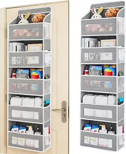 Over The Door Storage Organizer,Hanging Door Organizer with 5 Pockets Mesh Side Bag,Sturdy Hanging Shelves for Toys,Diaper,Nursery,Bedroom,Bathroom,15.7"×6.7"×57",Grey
