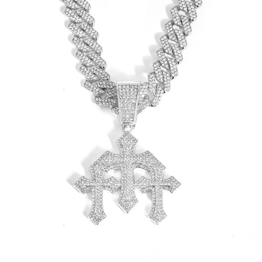 Unisex Iced Out 3 Cross Pendant Cuban Links Necklace - 20in Metal Coated 14mm Chain, 26g Triple Cross Charm, Hip Hop Bling Men's Accessories, Geometric 5.2cm W 7.1cm H Streetwear Costume Jewelry