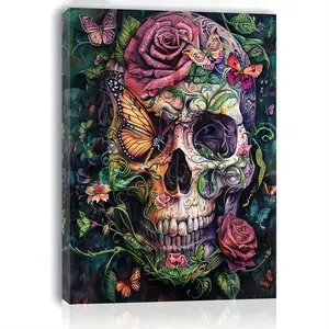 1pc, Colorful Skull with Flowers Canvas Print, 11.8x15.7inch, Wooden Framed Wall Art, Elegant Halloween Decor for Living Room, Bedroom, Kitchen, Office, School, Classroom, Single Party Gift