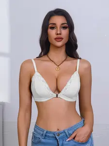 1/4 Psc Wireless Bra for Women, Front Closure Lingerie, Lace Trim, Backless Design, Comfortable Underwear, Elegant Brassiere