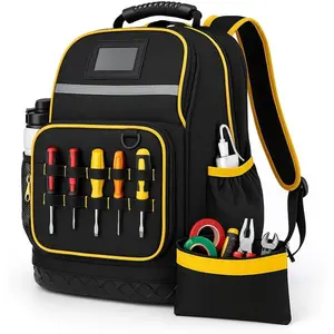 Rugged yet Comfortable Tool Backpack with Hard Molded Bottom and Tool, 1680D Tool Bag with Laptop Sleeve, Multiple Pockets for and Hand, USB Port, Padded Straps