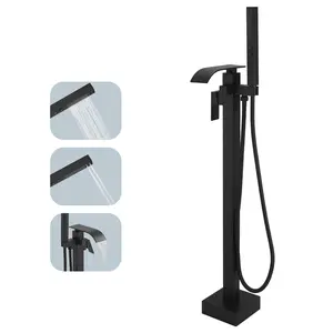BESy Freestanding Bathtub Filler Shower Faucet Set, Matte Black Floor-Mount Brass Fixture with Waterfall Spout, 59" Hose Faucet Sprayer Attachment, Square European-Style High-Flow Rainfall Handheld Shower