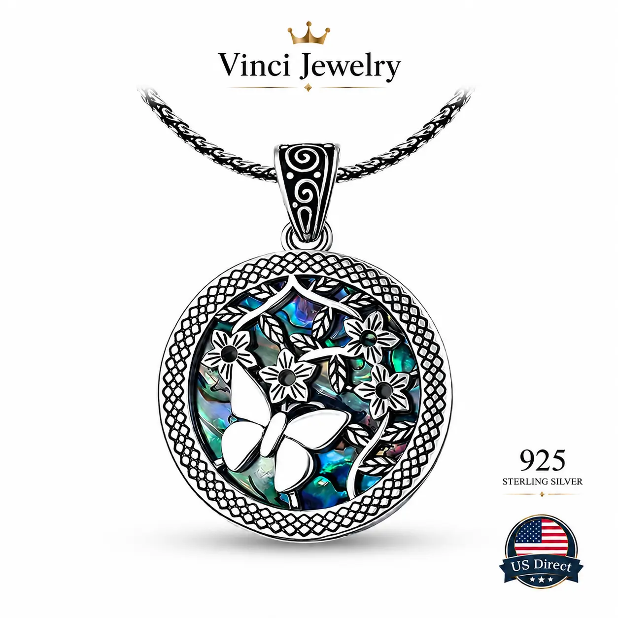 925 sterling silver butterfly floral pendant necklace Vintage boho abalone shell statement jewelry with garden inspired nature style for cottagecore romantic looks everyday layering festival outfits and meaningful gifts for moms  Product Details