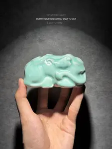 Sky Blue Glaze Auspicious Elephant Ornament - Handcrafted with Serene Color and Lovely Form for Home Decor