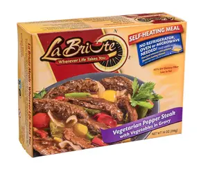 LaBriute Meals Vegetarian Pepper Steak with Vegetables – Self Heating Ready to Eat Entrée w/Snack |50g Protein, Low-Calorie Pre-Packaged Lunch or Dinner | Shelf Stable, Fully Cooked, No Refrigeration Needed|Glatt Kosher | 12 oz Serving