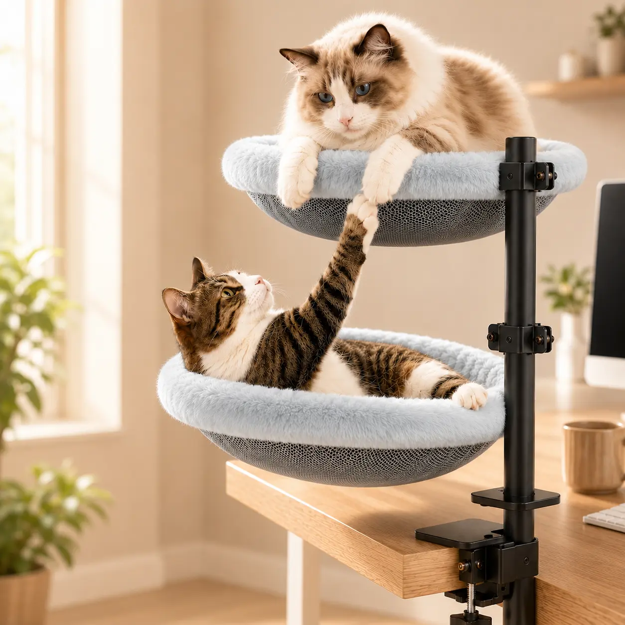 Double-Level Cat Desk Perch with Pet Bed Mat Elevated 2-Tier Cat Bed Hammock with Light Gray Faux Rabbit Fur Nest, Cozy All-Season Cat Lounge Bed for Indoor Cats with Soft Plush Cushion and Carbon Steel Frame